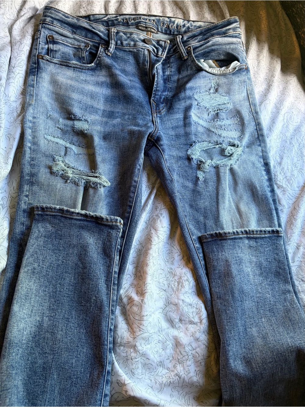 American Eagle Outfitters Distressed Slim Straight Jeans - Medium Blue